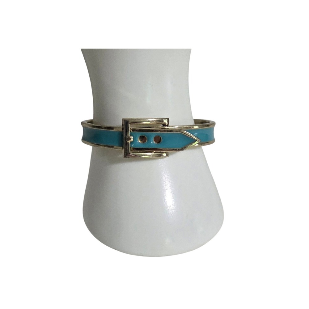 Vintage Gold Tone Retro Teal Green Enamel Belt Buckle Hinged Bangle‎ Bracelet